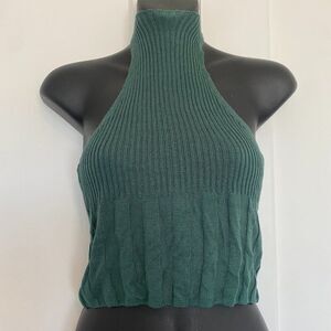 NWT Free People Halter Neck Crop Top Knit Green Razor Back‎ Tank Top Size Small